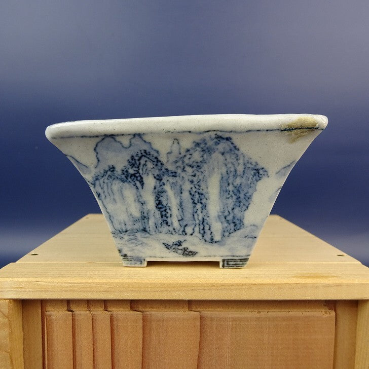 中古盆栽鉢 彦山人 小鉢 長辺 約8.5cm 正方鉢 外縁 染付 風景画 箱付 