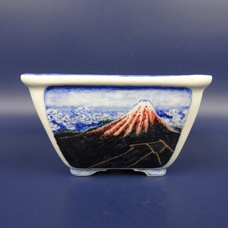 盆栽鉢 紀伊 小型 長辺 約11cm 正方鉢 外縁 色絵 風景 人物画 富士山