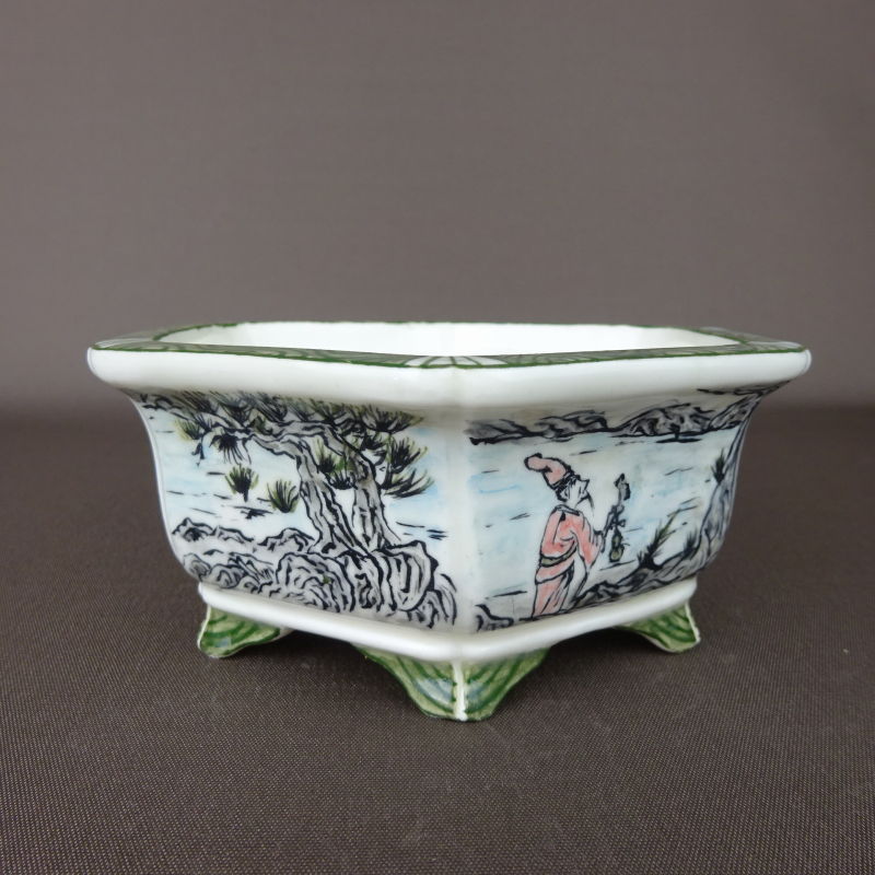 盆栽鉢 高山画 ゆうき祥石ボデー 五彩山水図 六角鉢 - 森流 GreenFlow