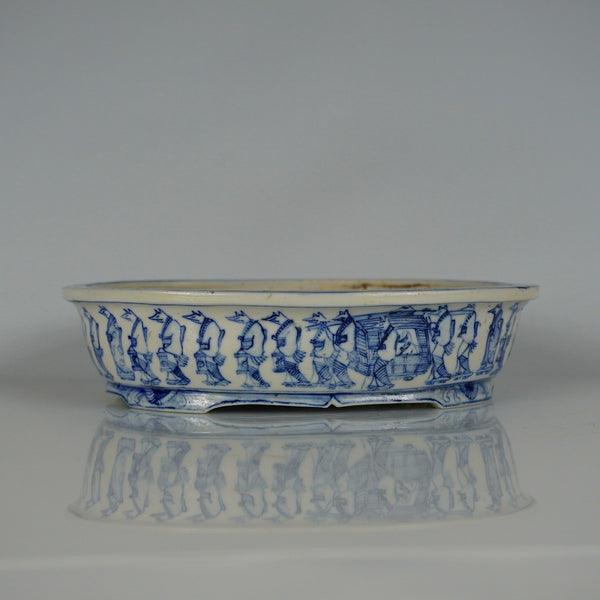 盆栽鉢 上州勝山 染付狐の嫁入り外縁楕円鉢 r1198402188