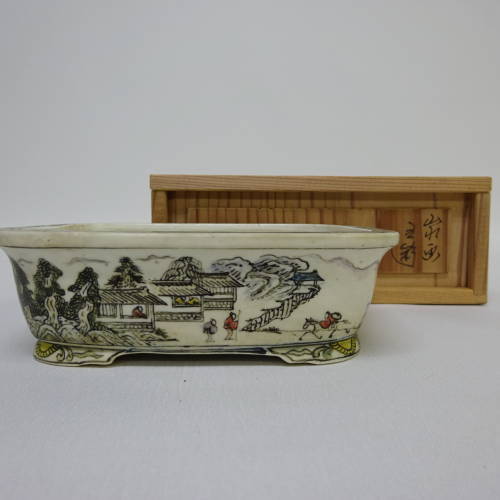 盆栽鉢 上州勝山 箱付き 山水画 長方鉢 u1198426883