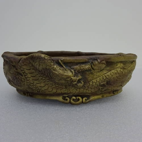 盆栽鉢 谷 嵐山 紫泥竜浮彫籠目外縁楕円鉢 新品 p1198419219