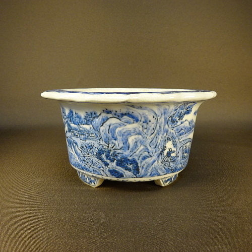 盆栽鉢 京極士苞造 青絵山水図 輪花鉢 e1198415656
