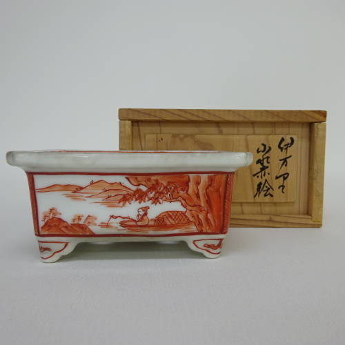 盆栽鉢 伊万里定石エ門 山水赤絵長方鉢 b1198425651