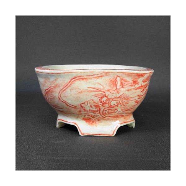 盆栽鉢 梢風 小鉢 長辺 約8.5cm 正方鉢 赤絵 龍図 竜 観賞用  新品 l1198414408