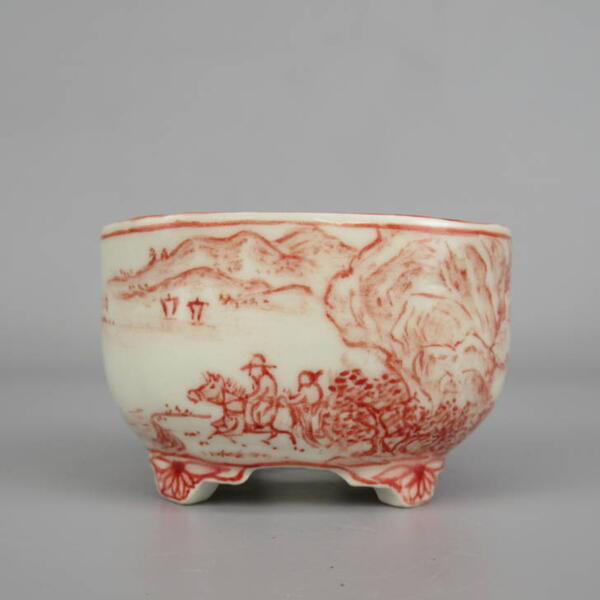 盆栽鉢 梢風 小鉢 長辺 約6.5cm 長方鉢 赤絵 山水 人物図 観賞用  新品 g1198420422