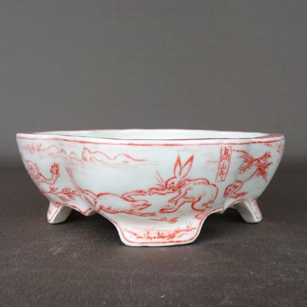 盆栽鉢 梢風 小型 長辺 約 12cm 木瓜鉢 赤絵 鳥獣戯画 高山寺 観賞用  新品 w1198415101