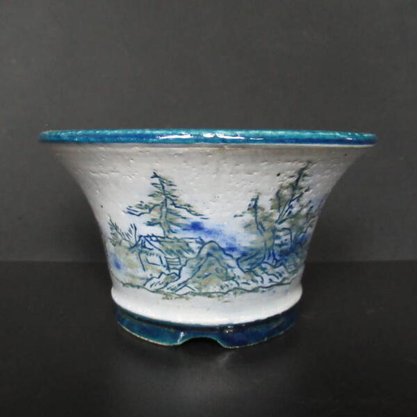 盆栽鉢 陶翠 陶翠筆 小鉢 長辺 約10.3cm 丸鉢 色絵 人物 山水図 観賞用  新品 r1198403032