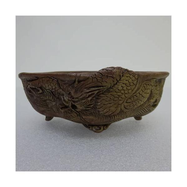 盆栽鉢 谷 嵐山 小型 長辺 約14.5cm 楕円鉢 浮彫 龍 蟹 リュウ トンボ カニ 紫泥 観賞用  新品 s1198411845