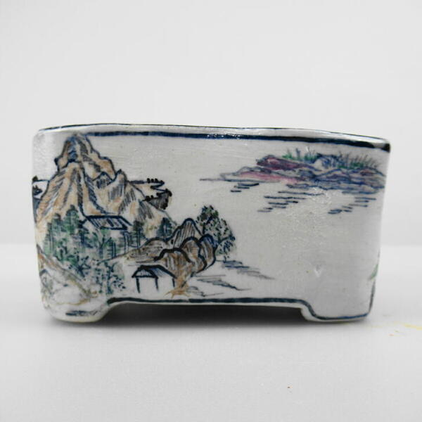 盆栽鉢 嵐山 谷嵐山 小鉢 長辺 約9.5cm 長方鉢 色絵 山水図 観賞用  新品 1198404183