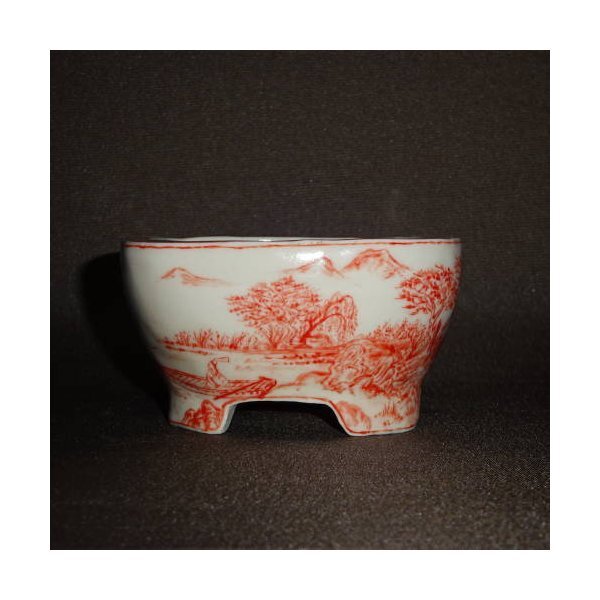 盆栽鉢 梢風 小鉢 長辺 約8.5cm 正方鉢 赤絵 山水図 観賞用  新品 x1198410644