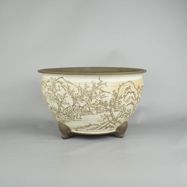 中古盆栽鉢 陶翠造 中型 長辺 約30cm 丸鉢 外縁 釘彫り 山水図 観賞用  中古鉢 p1198415630