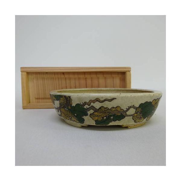 中古盆栽鉢 大助 心山 小型 長辺 約 10.5cm 楕円鉢 色絵 箱付き  中古鉢 e1198416558