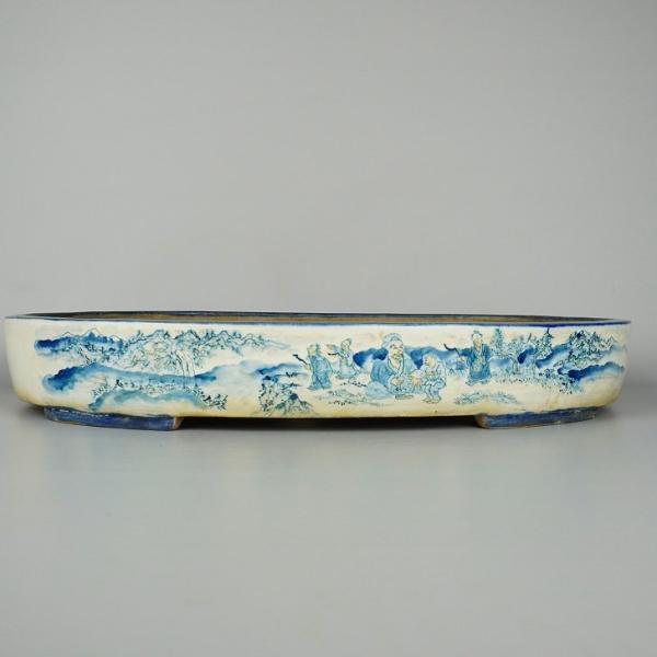 中古盆栽鉢 陶翠園造 陶翠筆 中型 長辺 約38.3cm 楕円鉢 色絵 山水図 観賞用  中古鉢 v1198435593