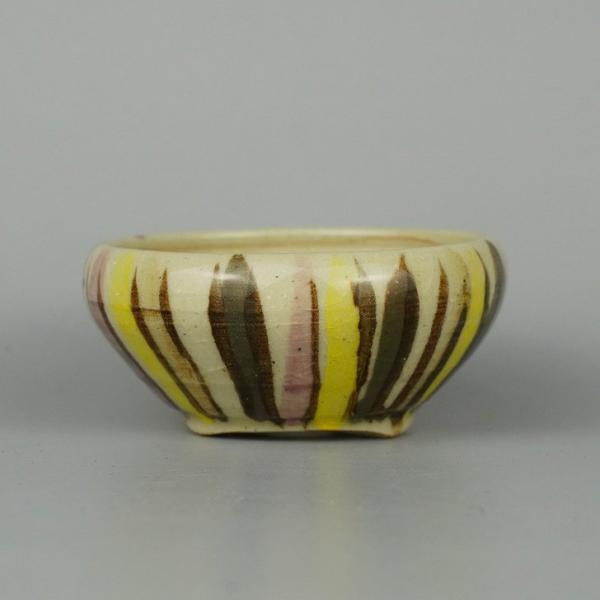 中古盆栽鉢 是好 矩 小鉢 長辺 約6.5cm 丸鉢 色絵 縞図 釉薬  中古鉢 m1198409018
