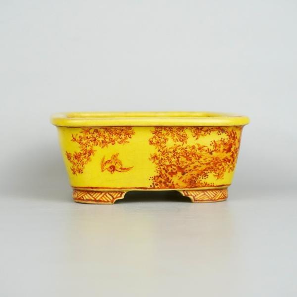 中古盆栽鉢 大助 心山 小型 長辺 約11cm 長方鉢 外縁 赤絵 鳥 山水図 はくら ぶんちょう 黄釉 釉物 観賞用  中古鉢 m1198405148
