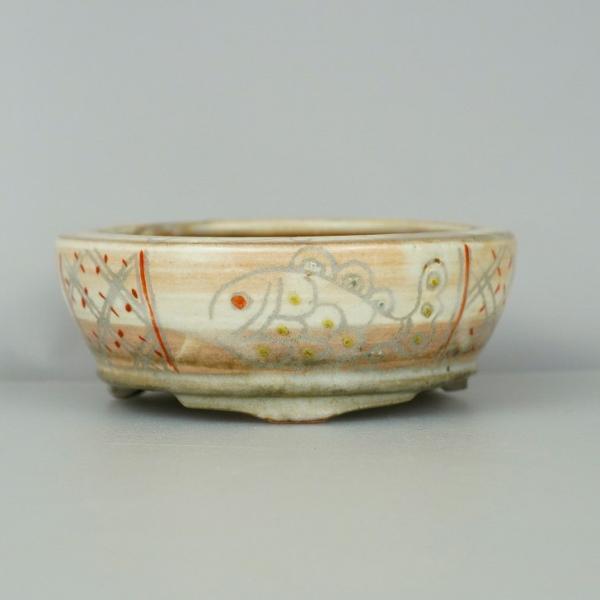 中古盆栽鉢 あど 小鉢 長辺 約9.5cm 丸鉢 色絵 魚  中古鉢 g1198417729