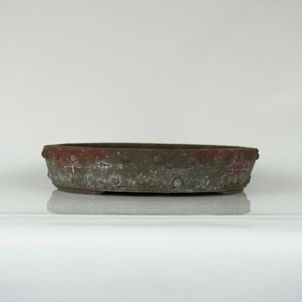 中古盆栽鉢 十王堂 松泉 小型 長辺 約 14cm 丸鉢 鋲打 泥物 中古鉢 m1198404440