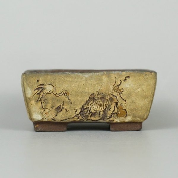 中古盆栽鉢 茶山 茶山作 茶山彫 小鉢 長辺 約7.6cm 長方鉢 釘彫り 人物図 観賞用  中古鉢 c1198410912