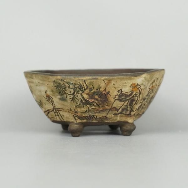 中古盆栽鉢 茶山 茶山作 茶山彫 小鉢 長辺 約 7.5cm 六角鉢 山水 人物図 釘彫り 観賞用  中古鉢 x1198407997