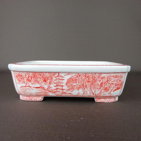 盆栽鉢 高山画 ゆうき祥石ボデー 長方鉢 赤絵 五重塔  新品 d1200653082