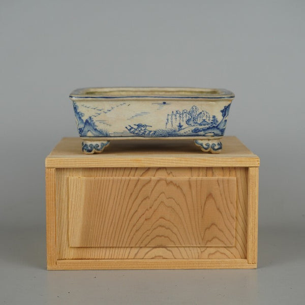 中古盆栽鉢 竹峯 小型 長辺 約13cm 長方鉢 染付 山水図 箱付 観賞用  中古鉢 1171278239