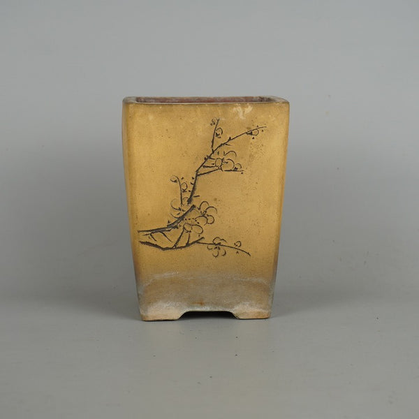 中古盆栽鉢 落款あり 小型 高さ 約13.3cm 正方鉢 彫入 梅 笹 詩 白泥 観賞用  中古鉢 1176817612