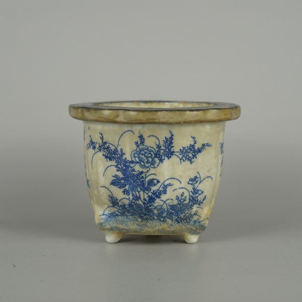 中古盆栽鉢 瀬戸焼 小型 長辺 約 12.2cm 輪花鉢 染付 花 植物 模様 観賞用  中古鉢 w1197995404