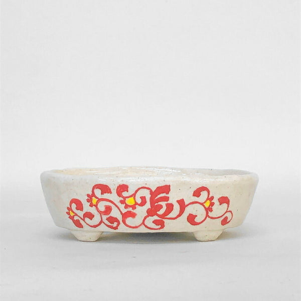 盆栽鉢 文山 越前文山 小型 長辺 12.5cm 楕円鉢 赤絵 花 竹 観賞用  新品 w1198410619