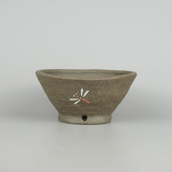 盆栽鉢 文山 越前文山 小型 長辺 約16cm 丸鉢 色絵 蜻蛉 トンボ 観賞用  新品 q1198410584