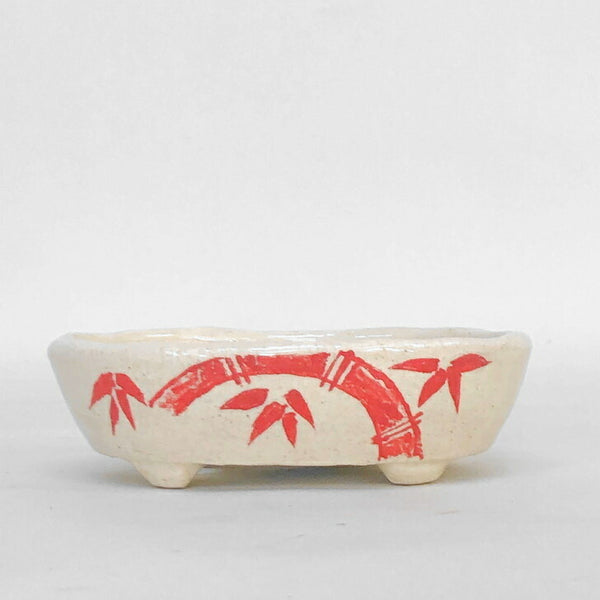 盆栽鉢 文山 越前文山 小型 長辺 13cm 楕円鉢 赤絵 花 竹 観賞用  新品 s1198413382