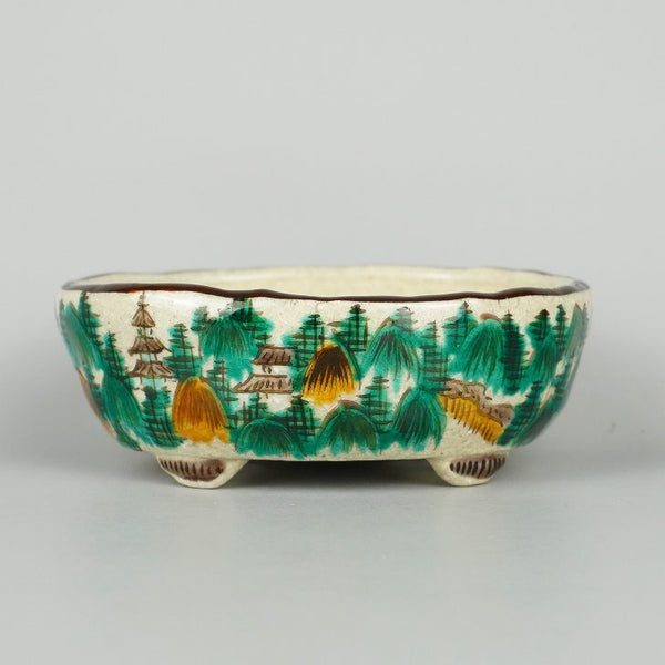 盆栽鉢 文山 越前文山 ボデー 九谷画 九谷 秀幸 小型 長辺 約11.5cm 楕円鉢 色絵 深山図 観賞用  新品 c1198407680