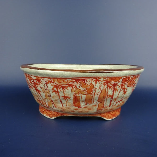 盆栽鉢 さちこ 越前文山 ボデー 九谷画 九谷 秀幸 小型 長辺 約14cm 楕円鉢 赤絵 山水図 観賞用  新品 d1198427505