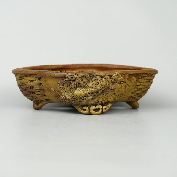 嵐山 谷嵐山 浮彫 龍図 木瓜鉢 籠目 観賞用 盆栽鉢  新品 o1198428608