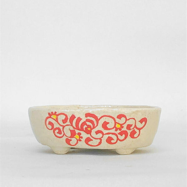 盆栽鉢 文山 越前文山 小型 長辺 10cm 楕円鉢 赤絵 花 竹 観賞用  新品 s1198416960