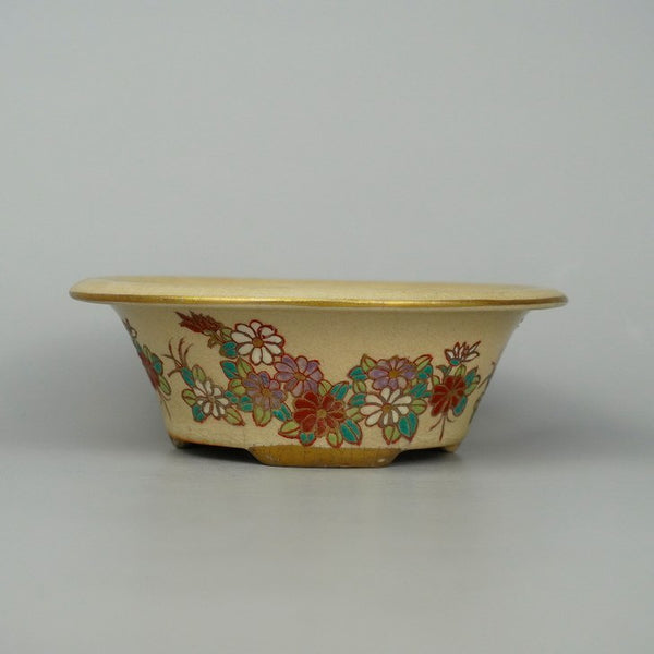 誠勲堂 色絵 外縁 丸鉢 華 花 盆栽鉢  中古鉢 h1198420098