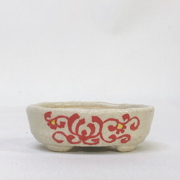 盆栽鉢 文山 越前文山 小鉢 長辺 約8.2cm 楕円鉢 赤絵 竹 花 観賞用  新品 1198400098