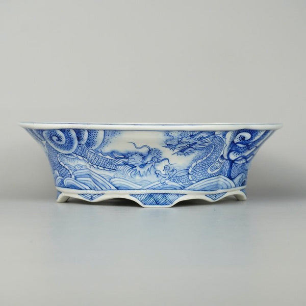 月香 染付 龍絵 外縁 木瓜鉢 観賞用 盆栽鉢  新品 w1198413214