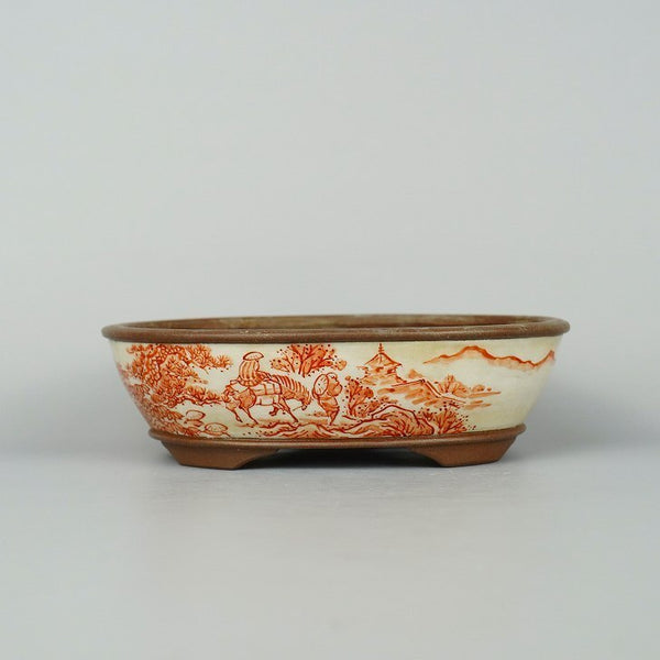 春嘉 はるよし 赤絵 山水図 楕円鉢 盆栽鉢  中古鉢 t1198412813