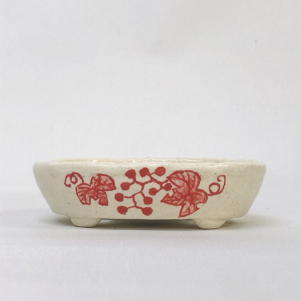 盆栽鉢 文山 越前文山 小型 長辺 約 13cm 楕円鉢 赤絵 竹 葡萄 観賞用  新品 d1198421041
