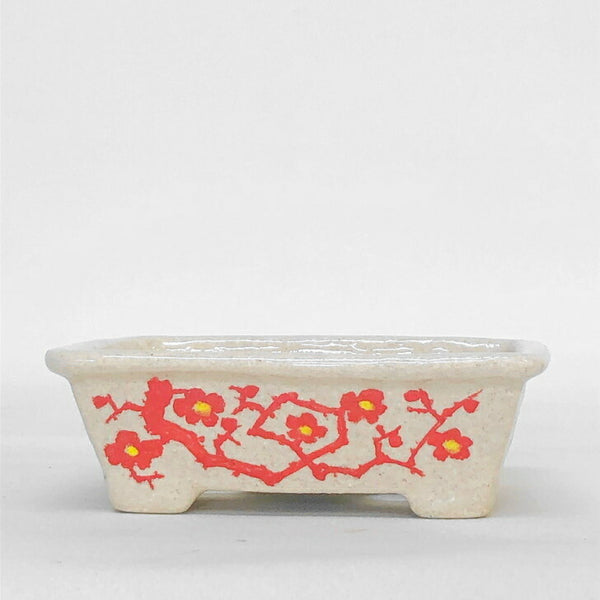 盆栽鉢 文山 越前文山 小型 長辺 12cm 長方鉢 赤絵 松 竹 梅 花 観賞用  新品 b1198419975