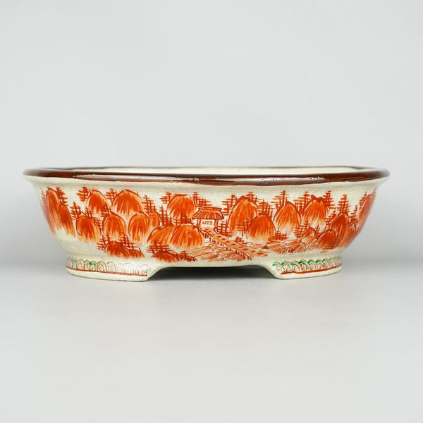 盆栽鉢 文山 越前文山 ボデー 九谷画 九谷 秀幸 中型 長辺 約20cm 楕円鉢 赤絵 深山図 観賞用  新品 x1198413719