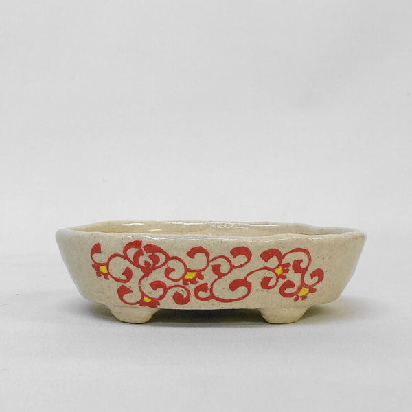 盆栽鉢 文山 越前文山 小型 長辺 約 13.5cm 楕円鉢 赤絵 竹 花 観賞用  新品 v1198438824