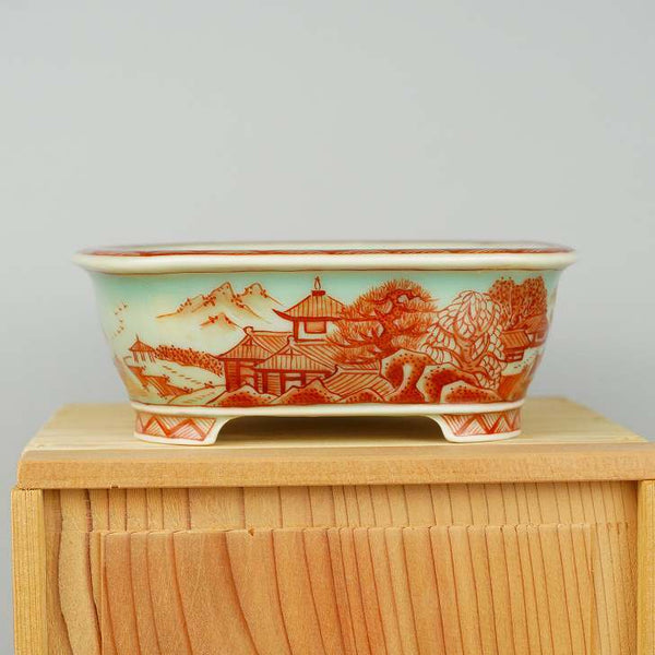 高濱窯 屯洋造 月香画 赤絵 山水画 外縁 撫角 正方鉢 観賞用 盆栽鉢  新品 e1198414013