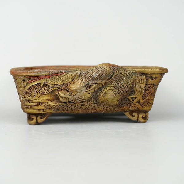 嵐山 谷嵐山 浮彫 龍図 雲足 長方鉢 籠目 観賞用 盆栽鉢  新品 p1198419617