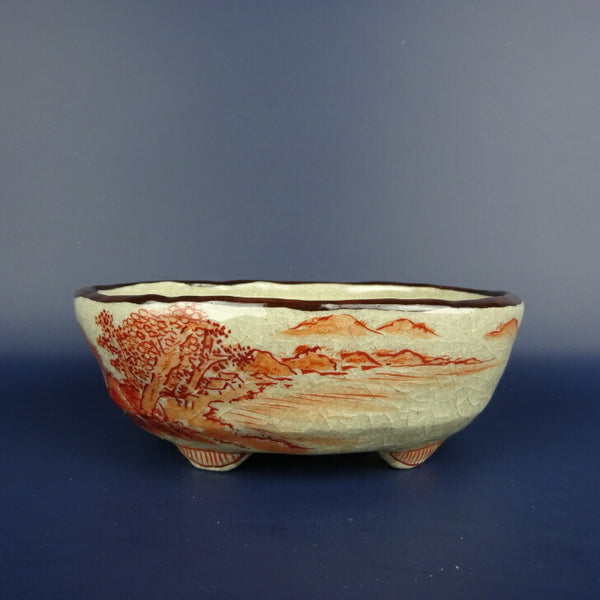 盆栽鉢 文山 越前文山 ボデー 九谷画 九谷 秀幸 小型 長辺 約14cm 楕円鉢 赤絵 山水図 観賞用  新品 u1198426773