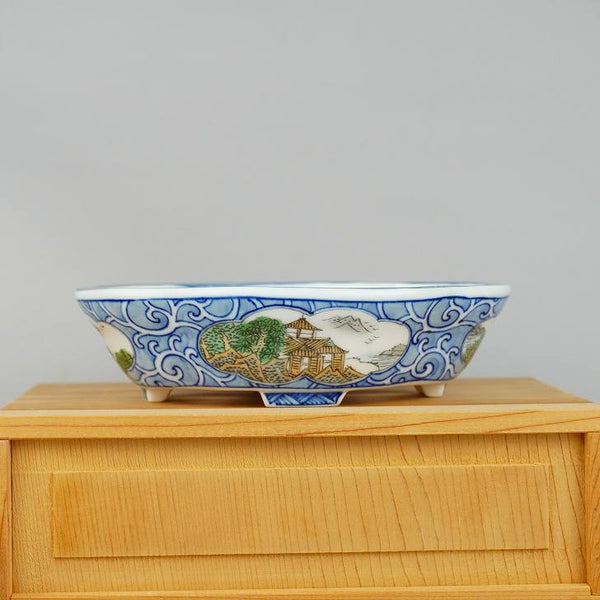 大谷 龍泉 箱付き 窓抜 色絵 山水画 木瓜鉢 観賞用 盆栽鉢  新品 w1198411372