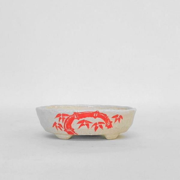 盆栽鉢 文山 越前文山 小型 長辺 13cm 楕円鉢 赤絵 花 竹 観賞用  新品 d1198420944