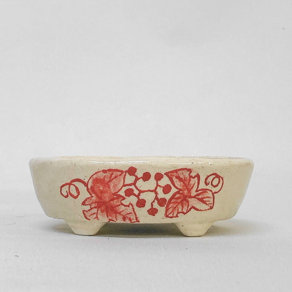 盆栽鉢 文山 越前文山 小型 長辺 約 11.5cm 楕円鉢 赤絵 竹 葡萄 観賞用  新品 q1198411340