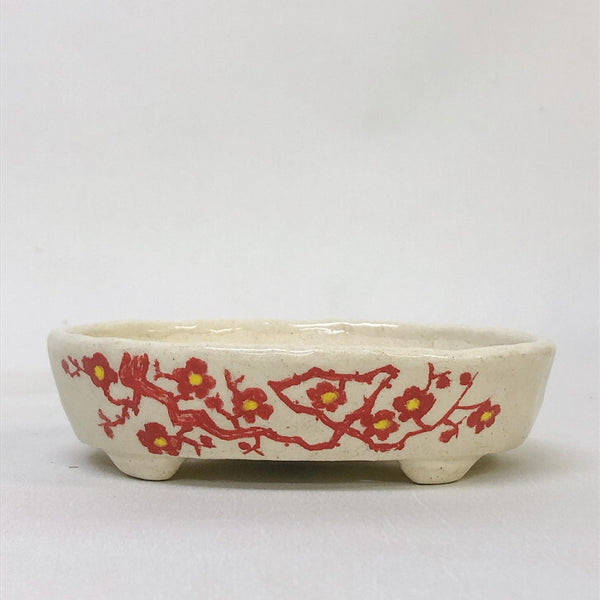 盆栽鉢 文山 越前文山 小型 長辺 約 13.3cm 楕円鉢 赤絵 竹 花 観賞用  新品 r1198411203